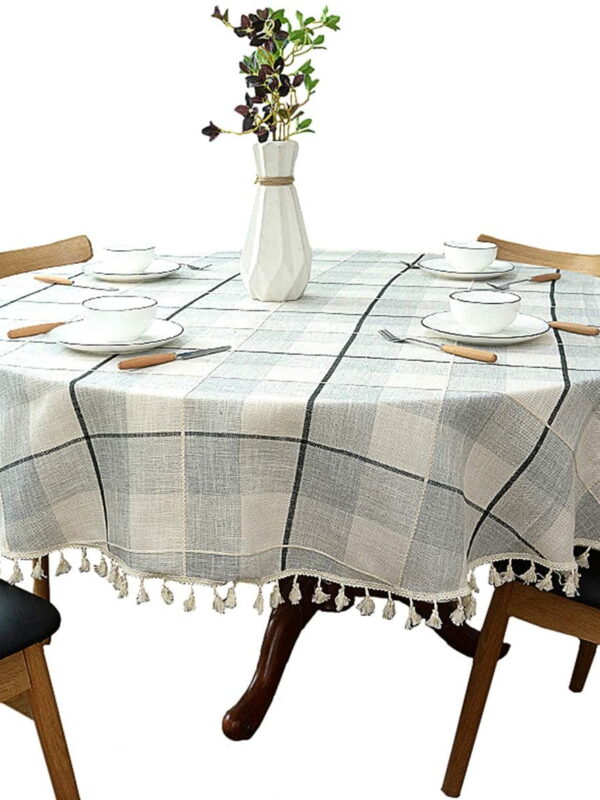 Heavy Weight Cotton Linen Tablecloth, Plaid Tassel Round Table Cover for Kitchen Dining Room