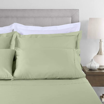 Linen Cotton Sheets for King Size Bed, 4 Pc, Solid Sateen, Deep Pocket, Sage Green