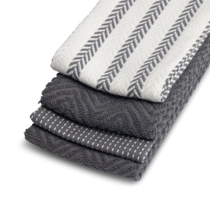 Kitchen Towels, Gray and White, 4 Pack Set