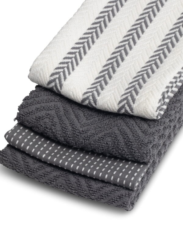 Kitchen Towels, Gray and White, 4 Pack Set
